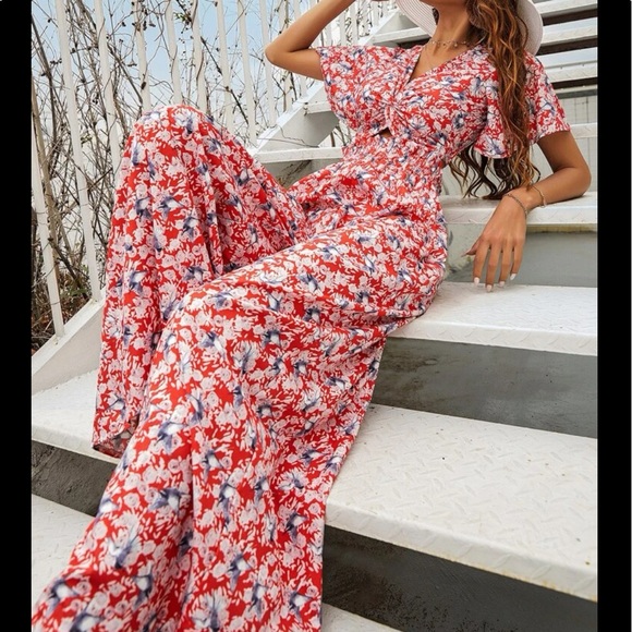 Boho Floral Print Twist Front Top Butterfly Sleeve Wide Flare Leg palazzo Pants - Picture 2 of 10